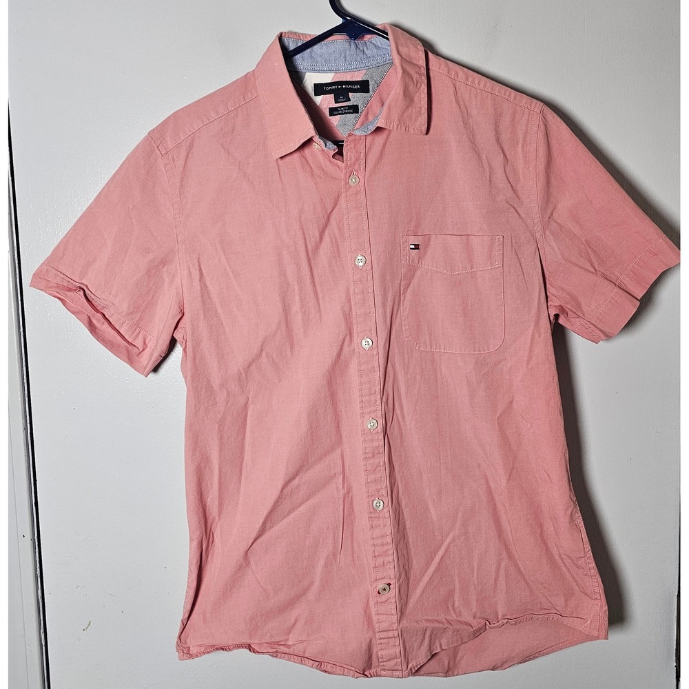 Tommy Hilfiger Mens Slim Fit Short Sleeve Button Down Shirt Pink size Medium